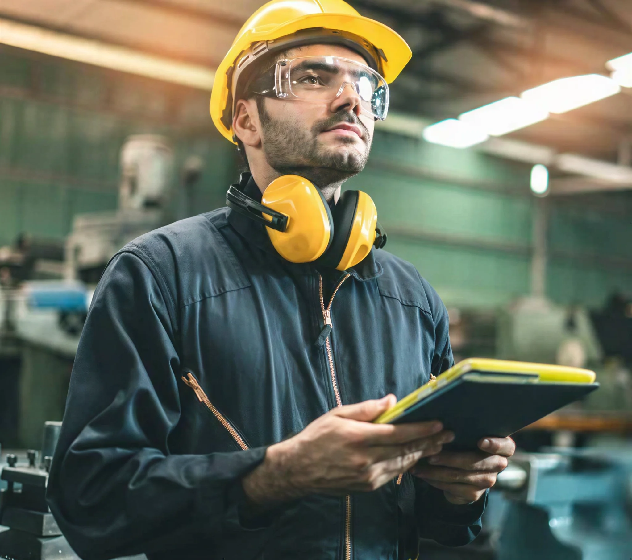 Factory worker inspecting steel